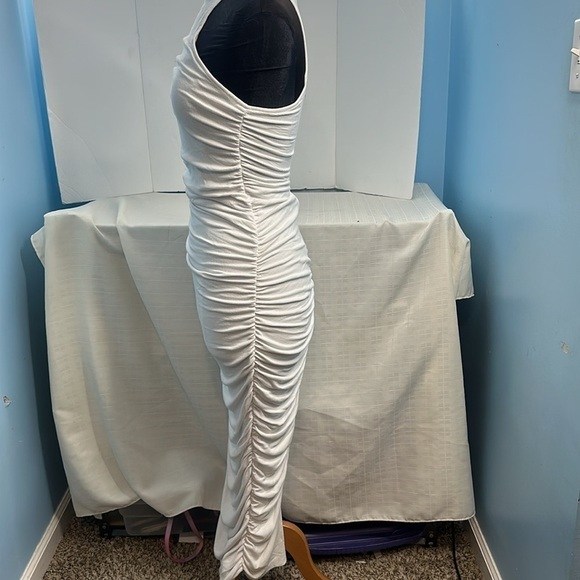 Blanc Noir full length ruched moc neck dress in white. - Picture 5 of 9